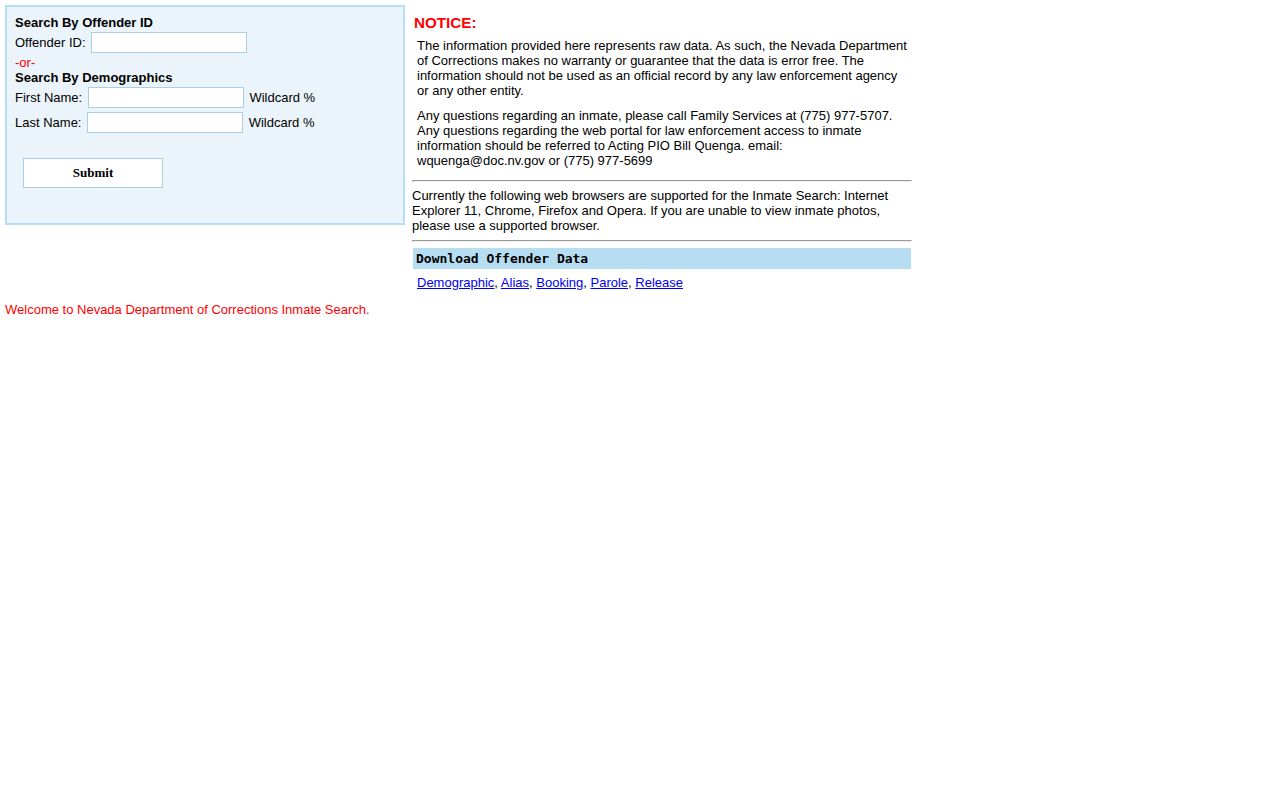 Clark County released inmate search on the NDOC offender form