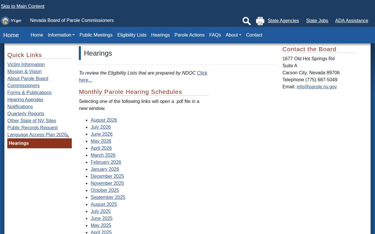 Clark County parole hearing schedules and release eligibility records