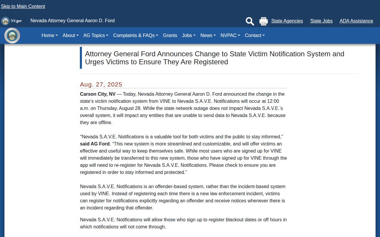Clark County VINELink release check transition to NV SAVE